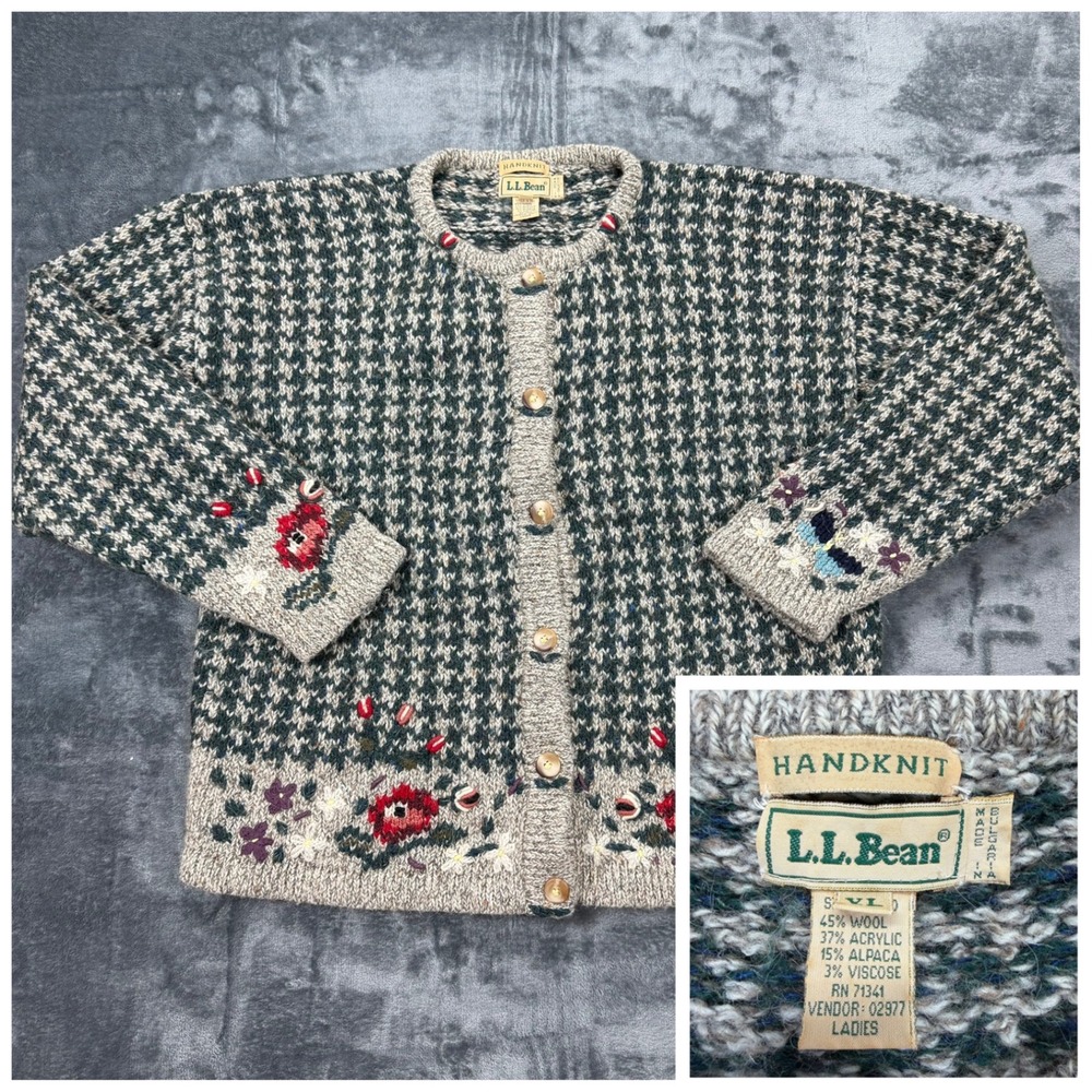 VTG LL Bean Handknit Wool Floral Houndstooth Cardigan Grandma Sweater XL Green